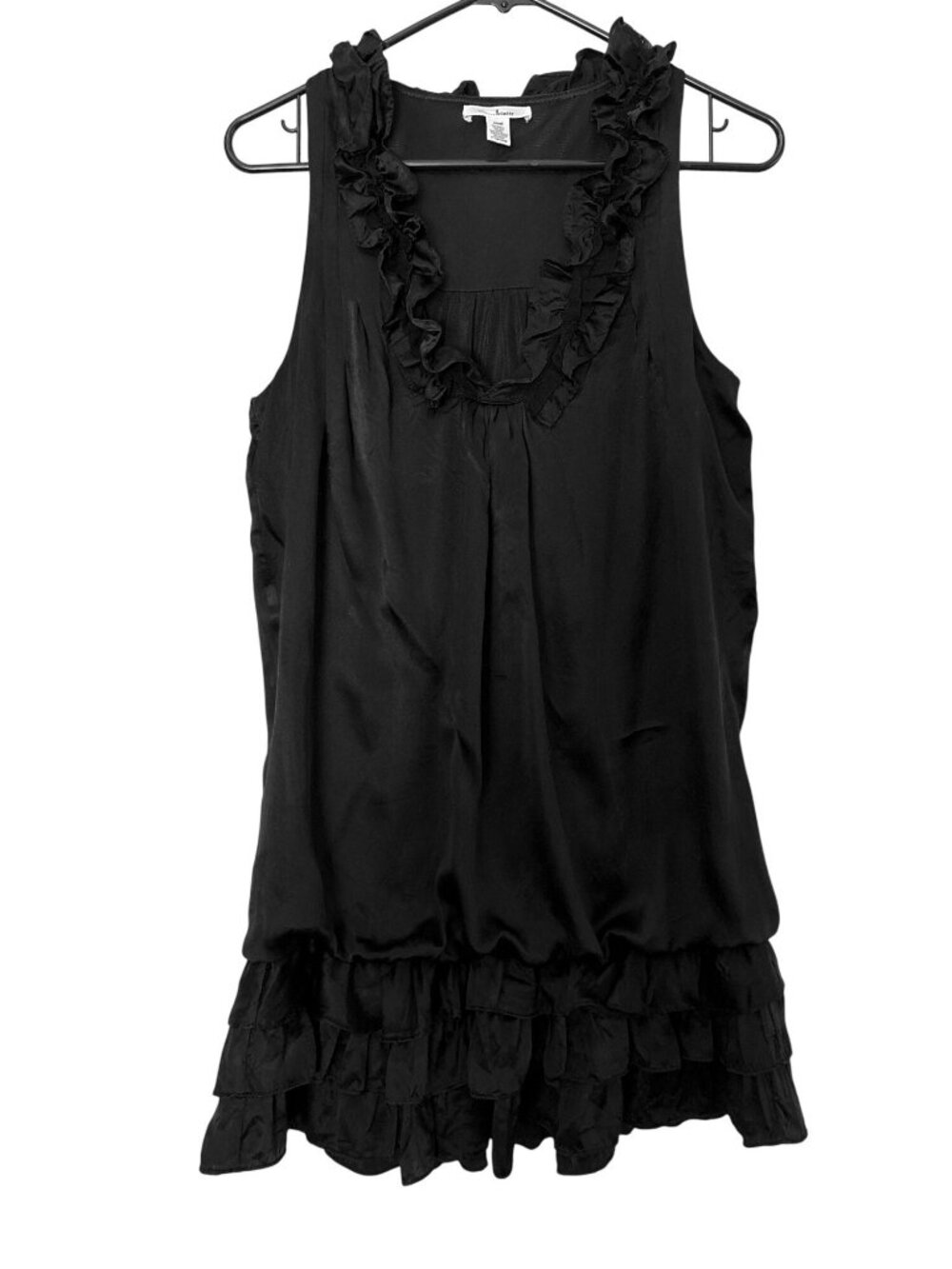 Trinity Black Silk Sleeveless Ruffle-Neck Tunic With Tiered Hem Size Small